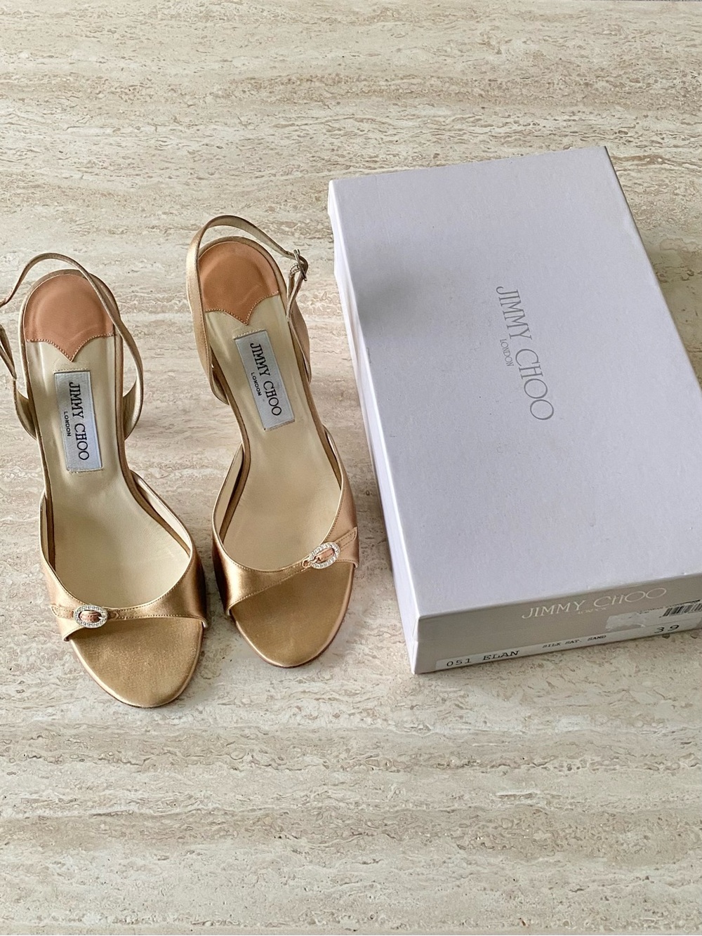 Vintage Jimmy Choo Satin Crystal Buckle Slingback Sandal Heels - Picture 2 of 13